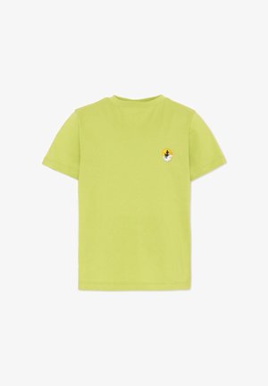 Prosty jasny zielony krótki rękaw T-shirt z małą okrągłą czarną grafiką sylwetki czarownicy i księżyca na lewej piersi.