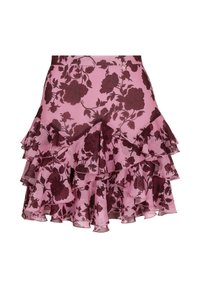 Roze gelaagde volants rok met een bloemenpatroon in donkerrood en zwart. Gemaakt van lichtgewicht, doorschijnende stof met een taille-detail.