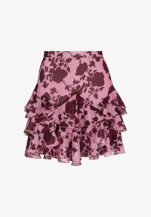 Roze gelaagde volants rok met een bloemenpatroon in donkerrood en zwart. Gemaakt van lichtgewicht, doorschijnende stof met een taille-detail.