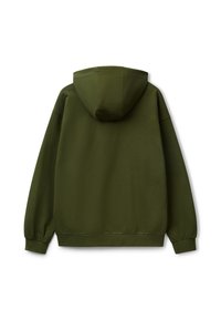 Felpa verde oliva con una vestibilità rilassata, maniche lunghe e cappuccio. Texture liscia, polsini e orlo a coste. Design semplice e minimalista.