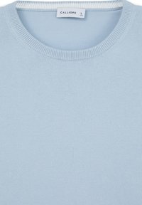 Hellblauer Pullover mit rundem Ausschnitt. Glatte Textur, gerippter Kragen und Etikett mit der Größe "L." Einfaches, klassisches Design.