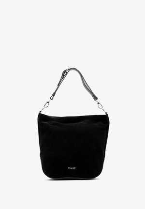 Sac d'épaule noir Rylko avec sangle réglable et fermoirs argentés sur fond blanc.