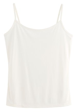 Biely tielkový top bez rukávov s tenkými nastaviteľnými ramienkami, hladká tkanina a rovný lem.