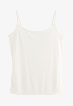 Biely tielkový top bez rukávov s tenkými nastaviteľnými ramienkami, hladká tkanina a rovný lem.