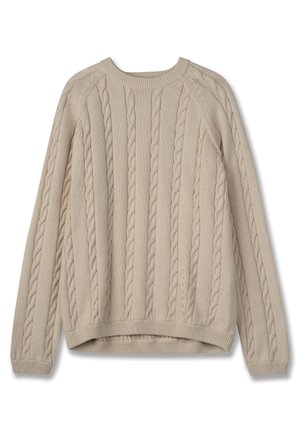 Suéter de punto beige con mangas largas, cuello, puños y dobladillo acanalados, y sutil logo de la marca en la parte inferior frontal.