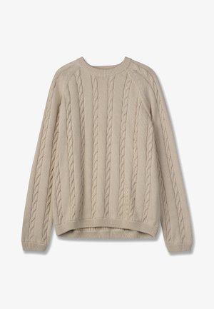 Beige värvitud lõngaga kampsun, millel on pikad varrukad, ribadega kaelus, mansetid ja alläär, ning kerge brändi logo alumisel ees.