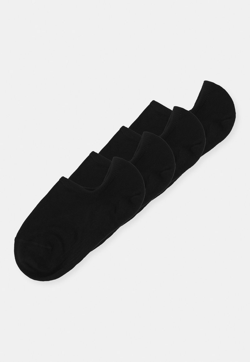 Chaussettes noires de cheville, texture lisse, ouvertures élastiques, sans motifs, vendues en lot de quatre. Chaque chaussette a un design de bout arrondi.