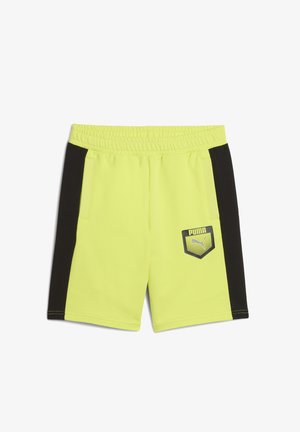 Shorts jaune néon avec des panneaux latéraux noirs, taille élastique, deux poches et un logo Puma sur la jambe gauche. Texture de tissu lisse.