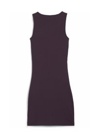 Robe sans manches en maille côtelée violet foncé avec une silhouette ajustée et un col rond, vue de dos.