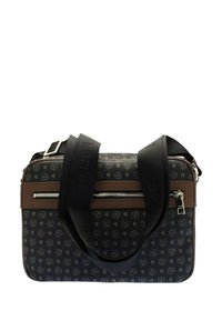 Borsa nera con motivo e finiture in pelle marrone, chiusura con zip e due manici in tessuto nero. Presenta un design del logo sul materiale.