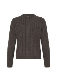 Ciemnobrązowy, długi sweter z dzianiny warkoczowej z długim rękawem, pokazany od tyłu, z prążkowanym obrzeżem i mankietami.