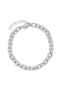 Bracciale in argento con maglie ovali e rettangolari intrecciate, dotato di una piccola catena di estensione e di un fermo sicuro. Finitura liscia e lucida.