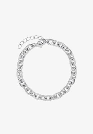 Srebrna bransoletka łańcuszkowa z przeplatanymi owalnymi i prostokątnymi ogniwami, z małym przedłużaczem i bezpiecznym zapięciem. Gładkie, lśniące wykończenie.