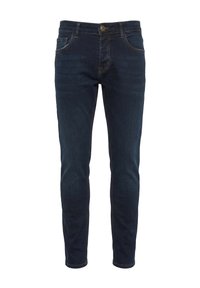 Jean denim bleu foncé slim-fit avec bouton et zip à l’avant, style cinq poches et détails cousus.