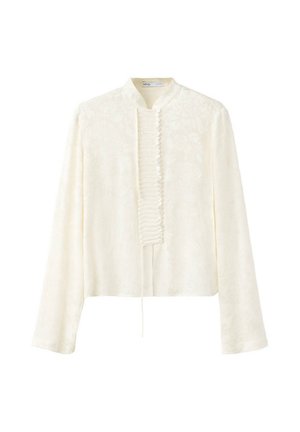 Witte blouse met lange mouwen, bloemenstructuur, mandarijnkraag en een verticale rij kleine knopen middenvoor.