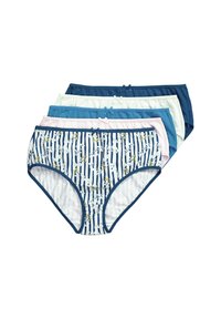 Vijf paar damesonderbroekjes in verschillende kleuren: marineblauw, lichtblauw, roze en met een patroon van strepen en bloemdetails, met strikjes.
