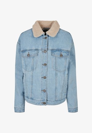 Hellblaue Jeansjacke mit beigem Sherpa-Kragen, Metallknöpfen, zwei Brusttaschen und einem lässigen Schnitt.