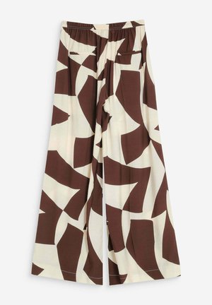 Pantaloni a gamba larga con vita elastica e ampio motivo geometrico astratto marrone e beige, dotati di due tasche a filetto posteriori.