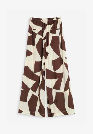 Pantalones de pierna ancha con cintura elástica y gran patrón geométrico abstracto en tonos marrón y beige, con dos bolsillos de ojal en la parte trasera.