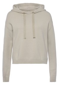 Lichtbeige hoodie gemaakt van zachte stof, met een ontspannen pasvorm, ribgebreide manchetten en onderkant, en metallic trekkoorden.