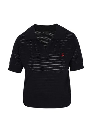 Mørkeblå strikket polo shirt med korte ærmer, der har en tekstureret åben vævning og et rødt ankerlogo på brystet.