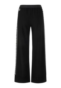 Black wide-leg pants made of soft fabric, featuring a logo waistband and white side stripes with text detail along the seams.