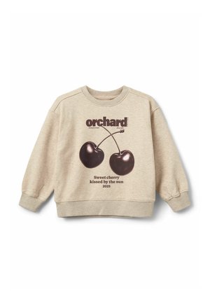 Beige sweatshirt med et mørkerødt kirsebærmotiv og tekst. Blødt materiale med rund halsudskæring og ribbet kant ved ærmerne. Casual design.