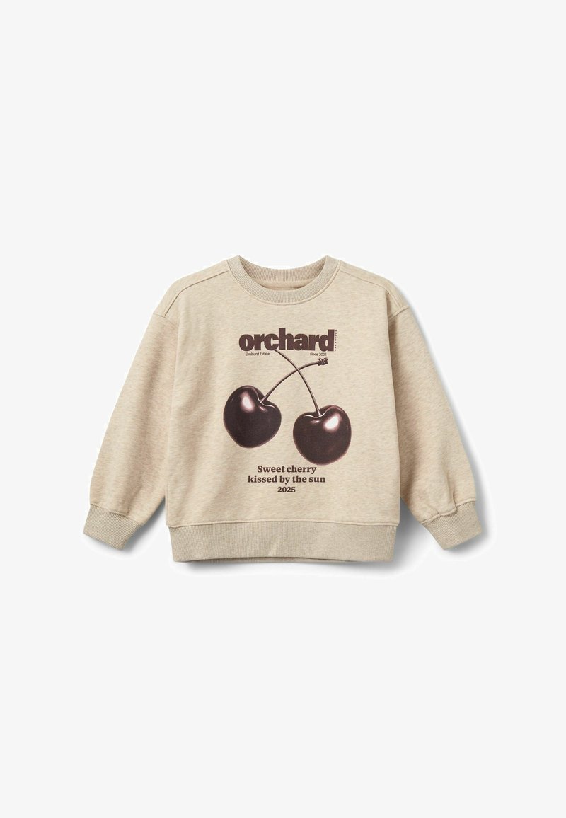 Beige sweatshirt med et mørkerødt kirsebærmotiv og tekst. Blødt materiale med rund halsudskæring og ribbet kant ved ærmerne. Casual design.