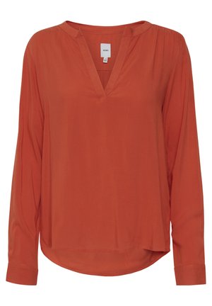 Rustkleurige blouse met lange mouwen en V-hals, ontspannen pasvorm en iets afgeronde zoom. Gladde stof met subtiele drapingdetails op de mouwen.