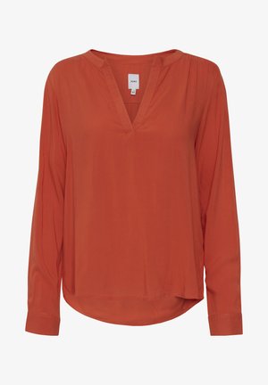 Rustkleurige blouse met lange mouwen en V-hals, ontspannen pasvorm en iets afgeronde zoom. Gladde stof met subtiele drapingdetails op de mouwen.