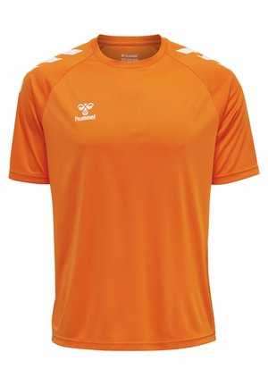 Oranje sport T-shirt van synthetisch materiaal, met een ronde hals, korte mouwen en witte accenten op de schouders.