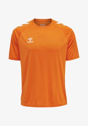 Oranje sport T-shirt van synthetisch materiaal, met een ronde hals, korte mouwen en witte accenten op de schouders.