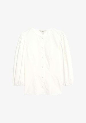 Biała bluzka z puffami na rękawach, wykonana z bawełny, z okrągłym dekoltem i zapięciem na guziki z przodu. Posiada marszczone detale na ramionach.