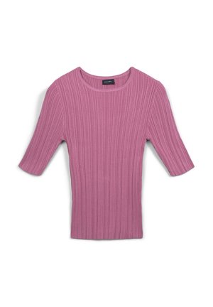 Pink ribbed short-sleeve top with a round neckline, featuring a textured pattern and a fitted design.