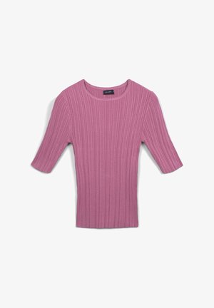 Pink ribbed short-sleeve top with a round neckline, featuring a textured pattern and a fitted design.