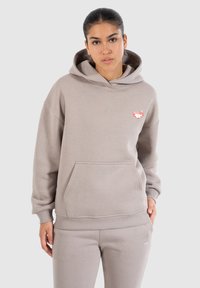Sweatshirt à capuche gris clair en matière douce, avec une poche avant, des poignets côtelés et un petit logo brodé sur la poitrine.