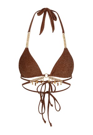 Bruine glitter bikini top met driehoekige cups, gouden accenten en decoratieve banden met kralen en bedels. Strik aan de nek en de rug.