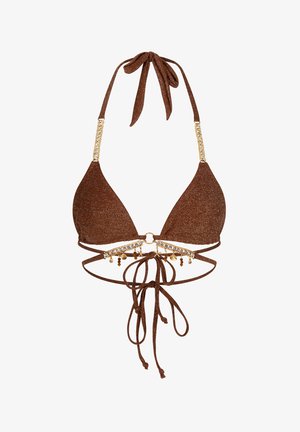 Haut de bikini en paillettes marron avec des bonnets triangulaires, des accents dorés et des bretelles décoratives ornées de perles et de breloques. Se noue au cou et au dos.
