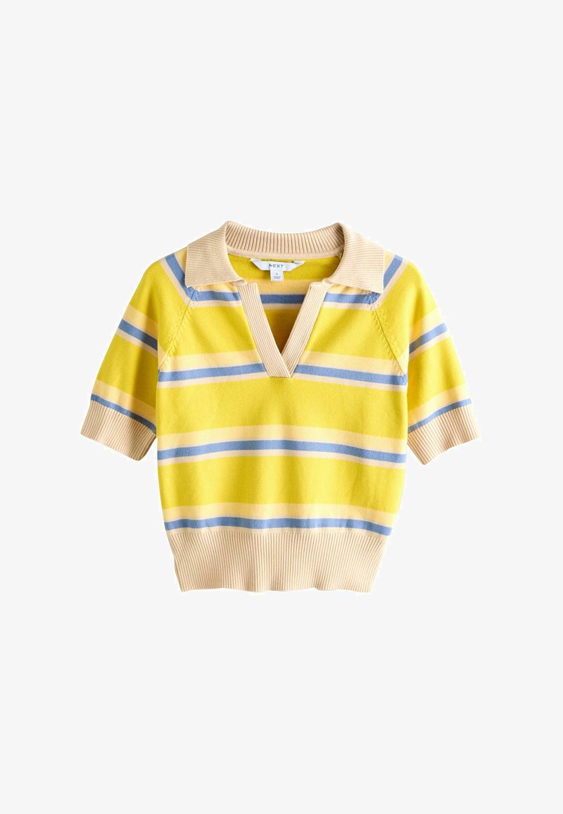 Gelbes Strick-Poloshirt mit kurzen Ärmeln, beigem Kragen und Bündchen, mit horizontalen blauen und beigen Streifen.