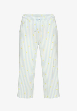 Hellblaue und weiße, vertikal gestreifte Pyjamahosen mit gelbem Zitronenscheibenmuster und Kordelzugbund.