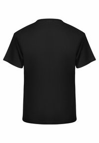 Zwarte t-shirt met korte mouwen, beschikt over een ronde halslijn en een gladde textuur, zonder zichtbare logo's of ontwerpen op de achterkant.