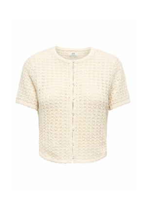 Crèmekleurige kortemouw gehaakte cardigan met ronde hals en zeven kleine witte knopen aan de voorkant.
