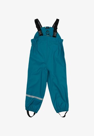 Turkizni nepremočljivi kombinezon z nastavljivimi črnimi naramnicami, elastičnimi manšeti in odsevnim trakom blizu roba za dodatno vidnost.