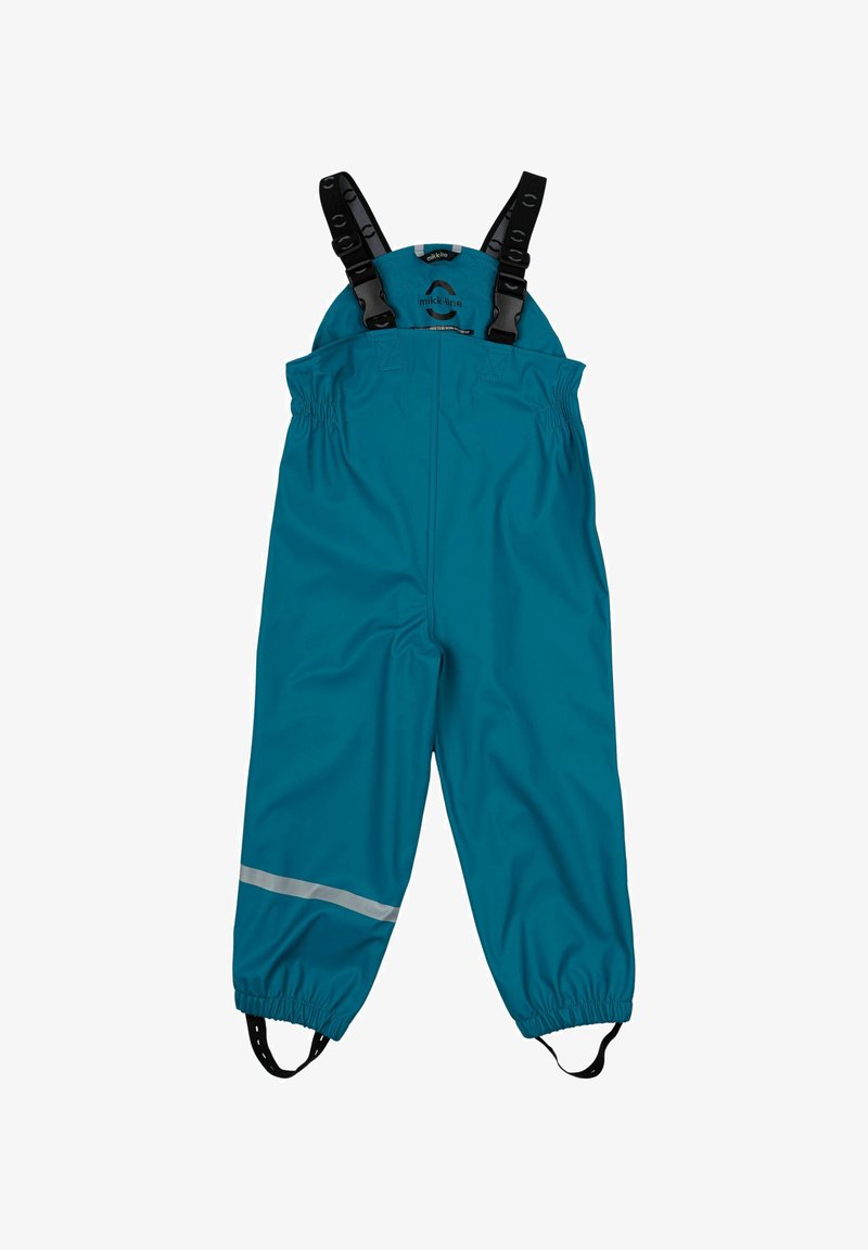 Tannengrüne wasserdichte Latzhose mit verstellbaren schwarzen Trägern, elastischen Bündchen und einem reflektierenden Streifen am Saum für zusätzliche Sichtbarkeit.