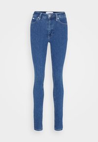 Skinny blue denim jeans with a medium wash. Features include a front button closure, belt loops, and standard five-pocket design.