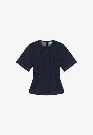 Donkere spijkerstof top met korte mouwen, een aangesloten taille, ronde halslijn en contrasterende gele stiksels langs de zijnaden en de zoom.