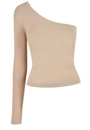 Beige enaxlad topp i mjuk stretchig tyg. Tätsittande design, lång ärm på ena sidan, slät yta och diskret finish längs halsringningen.