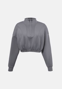 Sweat-shirt gris court à manches longues, col montant, demi-fermeture éclair à l'avant et taille élastiquée.