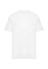 Ein schlichtes weißes T-Shirt mit kurzen Ärmeln und einem Rundhalsausschnitt, vor einem weißen Hintergrund präsentiert.