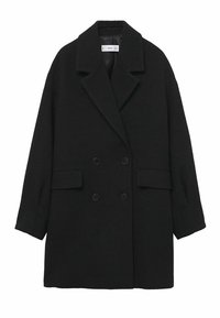 Musta kaksirivinen takki teksturoidusta kankaasta, jossa on notched-kaulus, kaksi etutaskua ja mustat napit.